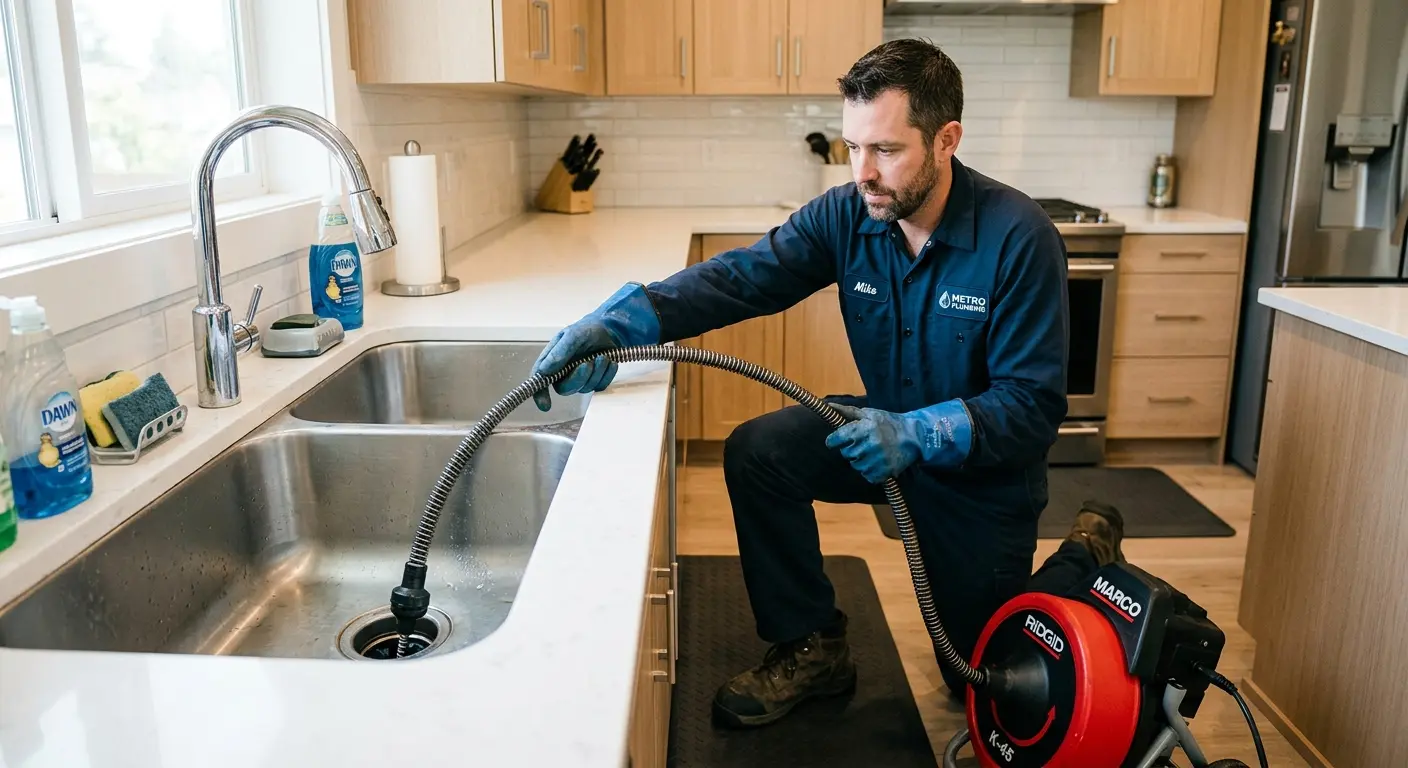 Drain cleaning technician using a motorized snake on a kitchen sink in Rockton