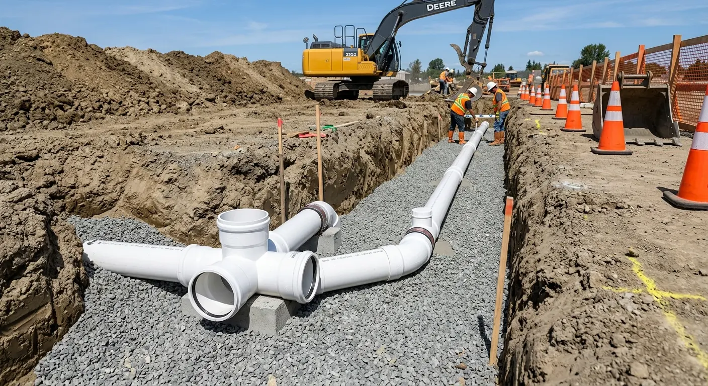 New PVC sewer pipe installation in open trench for Sewer Backup in Rockton