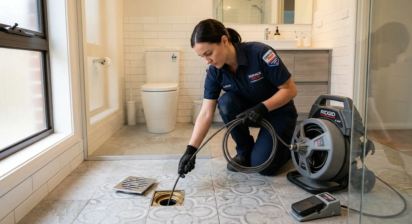 Technician clearing a bathroom floor drain for Hydro Jetting in Rockton